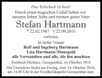 Traueranzeige von Stefan Hartmann von Ostthüringer Zeitung, Thüringische Landeszeitung