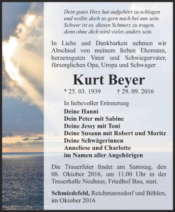 Traueranzeige von Kurt Beyer von Ostthüringer Zeitung