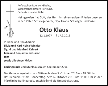 Traueranzeige von Otto Klaus von Thüringer Allgemeine