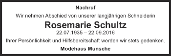 Traueranzeige von Rosemarie Schultz von Ostthüringer Zeitung