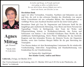 Traueranzeige von Agnes Mittag von Thüringer Allgemeine