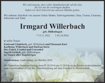 Traueranzeige von Irmgard Willerbach von Thüringer Allgemeine