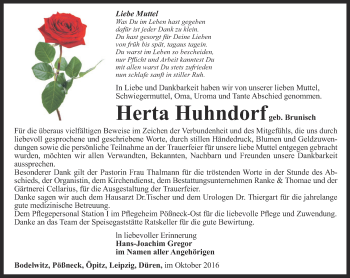 Traueranzeige von Herta Huhndorf von Ostthüringer Zeitung