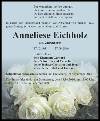 Traueranzeige von Anneliese Eichholz von Thüringer Allgemeine, Thüringische Landeszeitung