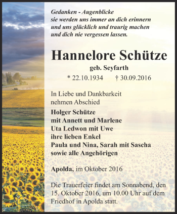 Traueranzeige von Hannelore Schütze von Thüringer Allgemeine, Thüringische Landeszeitung