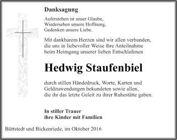 Traueranzeige von Hedwig Staufenbiel von Thüringer Allgemeine, Thüringische Landeszeitung