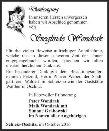 Traueranzeige von Sieglinde Wondrak von Ostthüringer Zeitung