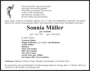 Traueranzeige von Sonnia Müller von Ostthüringer Zeitung