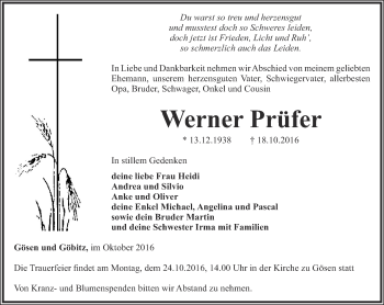 Traueranzeige von Werner Prüfer von Ostthüringer Zeitung