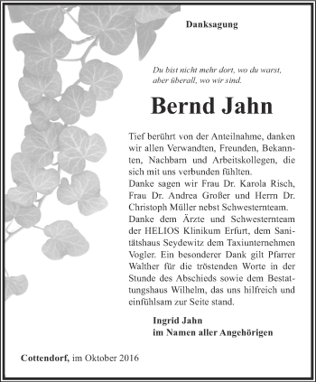 Traueranzeige von Bernd Jahn von Thüringer Allgemeine
