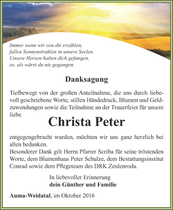 Traueranzeige von Christa Peter von Ostthüringer Zeitung