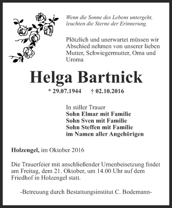 Traueranzeige von Helga Bartnick von Thüringer Allgemeine