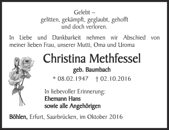 Traueranzeige von Christina Methfessel von Thüringer Allgemeine