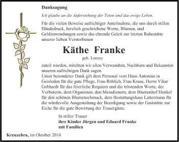 Traueranzeige von Käthe Frank von Thüringer Allgemeine