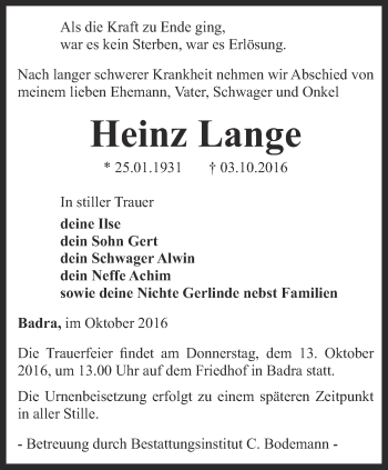 Traueranzeige von Heinz Lange von Thüringer Allgemeine