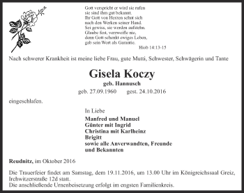 Traueranzeige von Gisela Koczy von Ostthüringer Zeitung