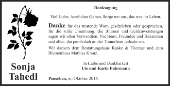 Traueranzeige von Sonja Tahedl von Ostthüringer Zeitung