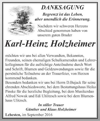 Traueranzeige von Karl-Heinz Holzheimer von Ostthüringer Zeitung