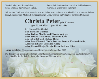 Traueranzeige von Christa Peter von Ostthüringer Zeitung