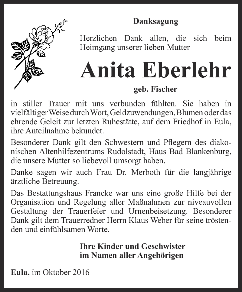  Traueranzeige für Anita Eberlehr vom 28.10.2016 aus Ostthüringer Zeitung