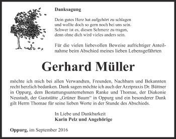 Traueranzeige von Gerhard Müller von Ostthüringer Zeitung