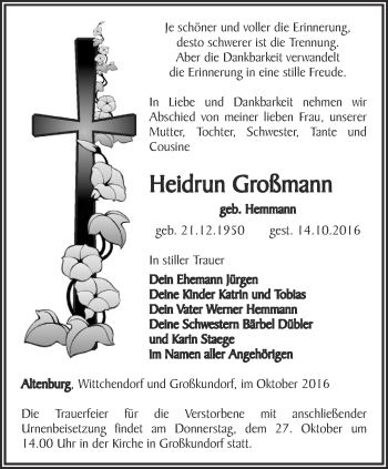 Traueranzeige von Heidrun Großmann von Ostthüringer Zeitung