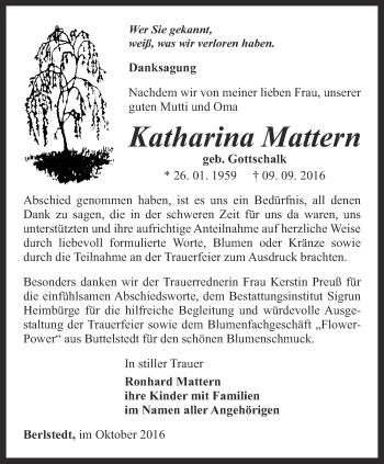 Traueranzeige von Katharina Mattern von Thüringer Allgemeine, Thüringische Landeszeitung