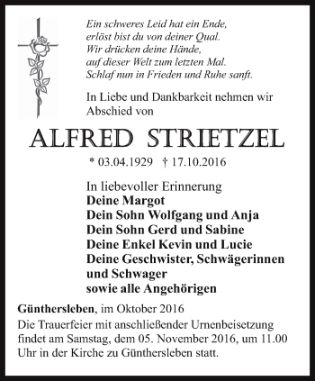 Traueranzeige von Alfred Strietzel von Ostthüringer Zeitung, Thüringische Landeszeitung