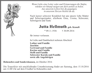 Traueranzeige von Jutta Hellmuth von Thüringer Allgemeine