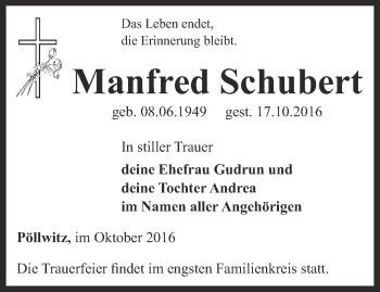 Traueranzeige von Manfred Schubert von Ostthüringer Zeitung