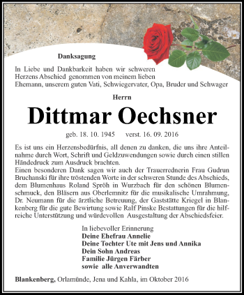 Traueranzeige von Dittmar Oechsner von Ostthüringer Zeitung