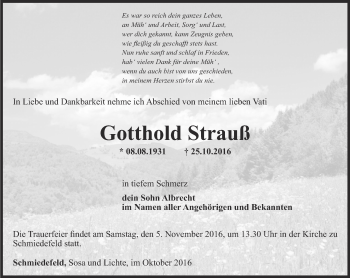 Traueranzeige von Gotthold Strauß von Ostthüringer Zeitung