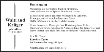 Traueranzeige von Waltraud Krüger von Thüringer Allgemeine