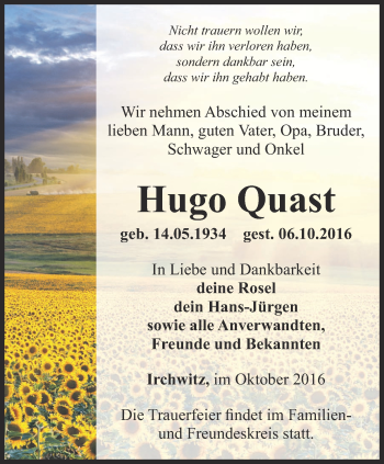 Traueranzeige von Hugo Quast von Ostthüringer Zeitung