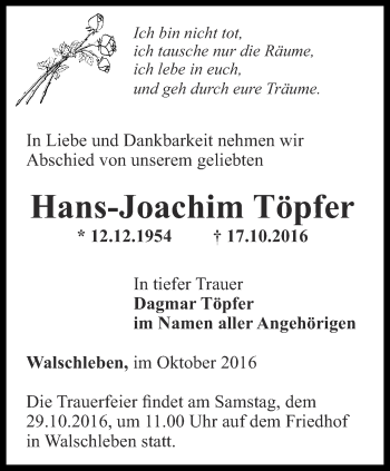 Traueranzeige von Hans-Joachim Töpfer von Thüringer Allgemeine, Thüringische Landeszeitung