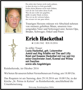 Traueranzeige von Erich Hackethal von Thüringer Allgemeine