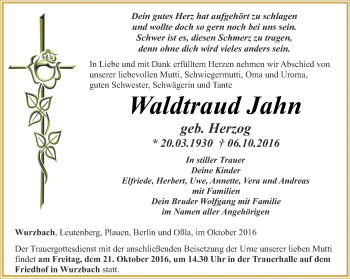 Traueranzeige von Waldtraud Jahn von Ostthüringer Zeitung