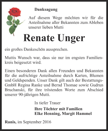 Traueranzeige von Renate Unger von Ostthüringer Zeitung