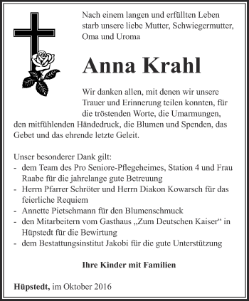 Traueranzeige von Anna Krahl von Thüringer Allgemeine, Thüringische Landeszeitung