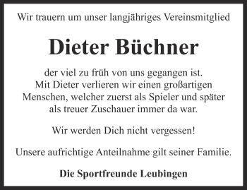 Traueranzeige von Dieter Büchner von Thüringer Allgemeine