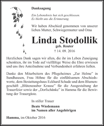 Traueranzeige von Linda Stodollik von Thüringer Allgemeine