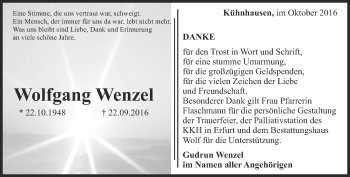 Traueranzeige von Wolfgang Wenzel von Thüringer Allgemeine, Thüringische Landeszeitung