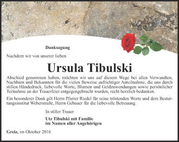 Traueranzeige von Ursula Tibulski von Ostthüringer Zeitung