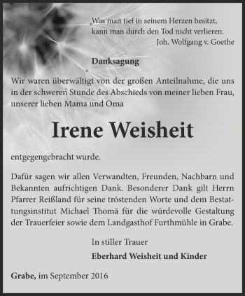 Traueranzeige von Irene Weisheit von Thüringer Allgemeine, Thüringische Landeszeitung