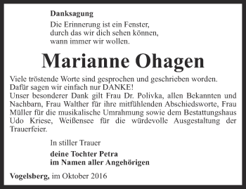 Traueranzeige von Marianne Ohagen von Thüringer Allgemeine