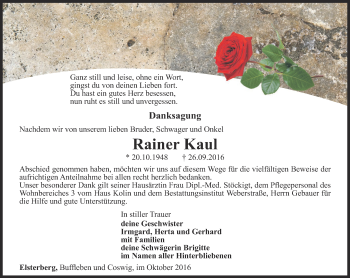 Traueranzeige von Rainer Kaul von Ostthüringer Zeitung