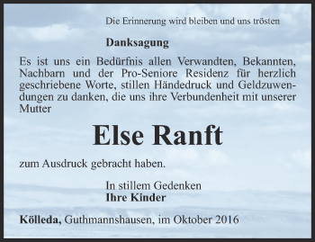 Traueranzeige von Else Ranft von Thüringer Allgemeine