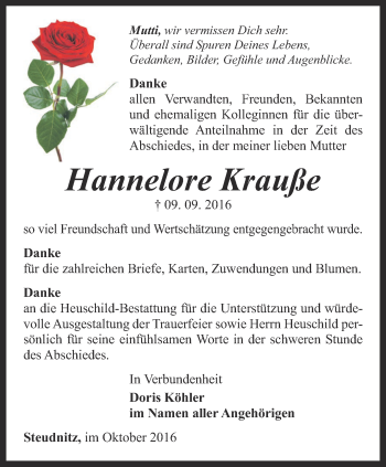 Traueranzeige von Hannelore Krauße von Ostthüringer Zeitung, Thüringische Landeszeitung