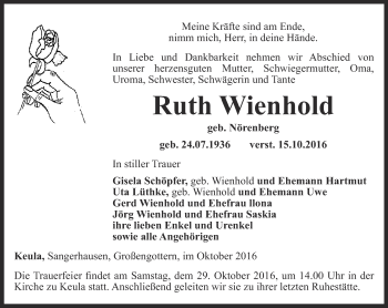 Traueranzeige von Ruth Wienhold von Thüringer Allgemeine, Thüringische Landeszeitung