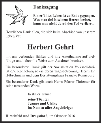 Traueranzeige von Herbert Gehrt von Ostthüringer Zeitung